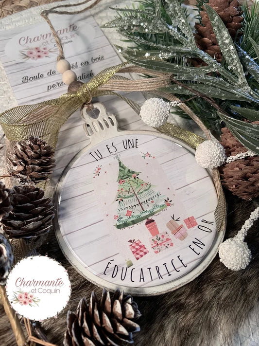 Boule de Noël en bois personnalisée de style rustique chic, cadeau pour éducatrice