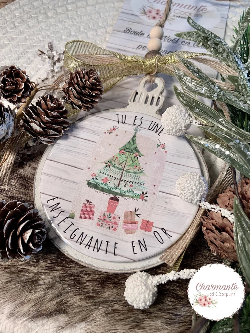 Boule de Noël en bois personnalisée de style rustique chic, cadeau pour enseignante