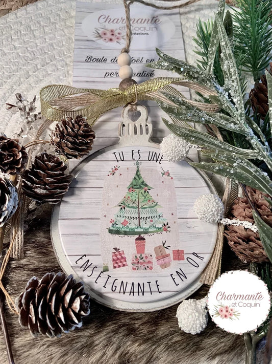 Boule de Noël en bois personnalisée de style rustique chic, cadeau pour enseignante