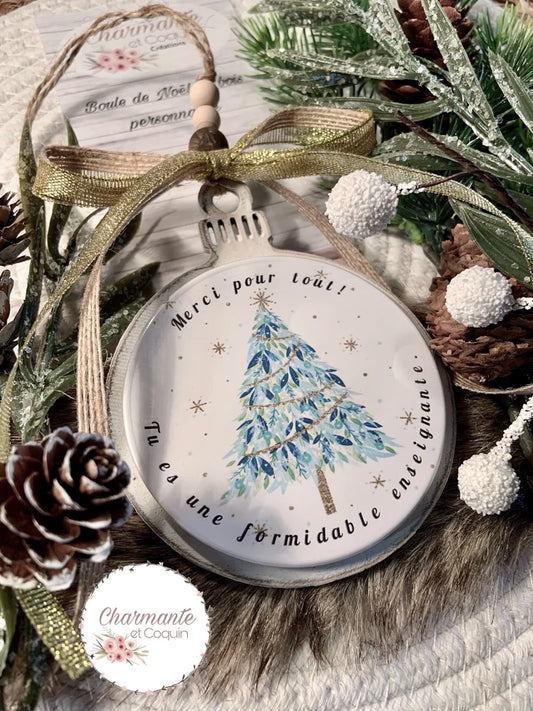 Boule de Noël en bois personnalisée de style rustique chic, cadeau pour enseignante