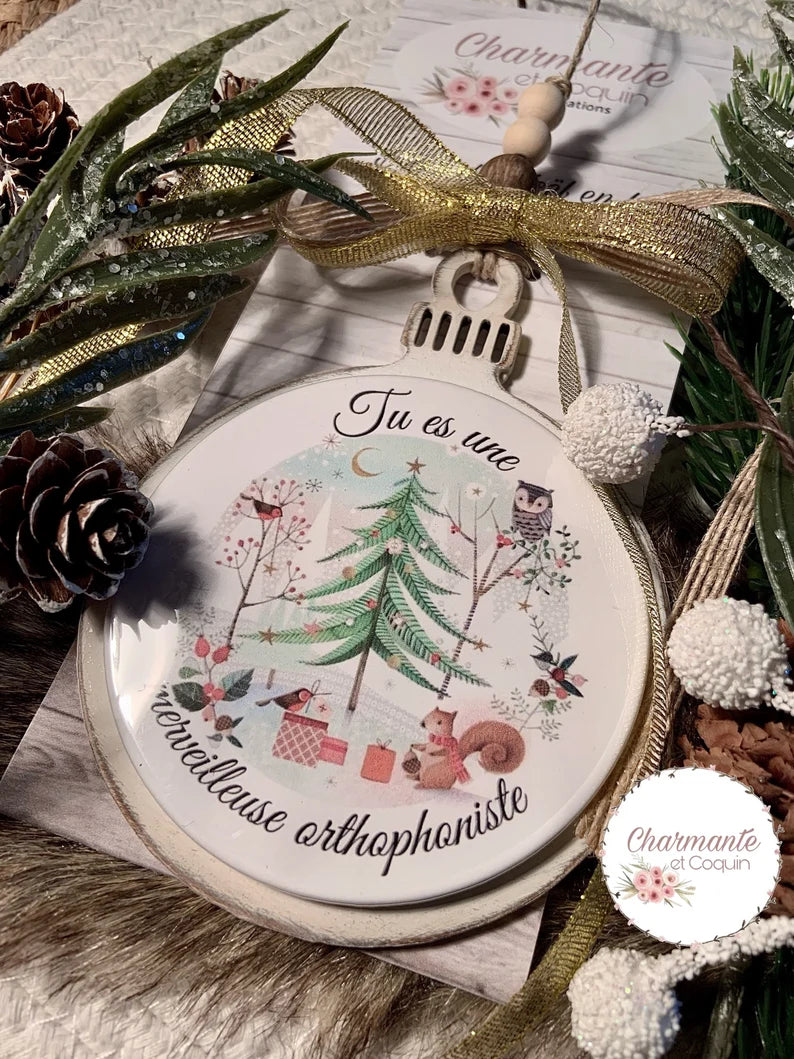Boule de Noël en bois personnalisé de style rustique chic, cadeau pour orthophoniste.