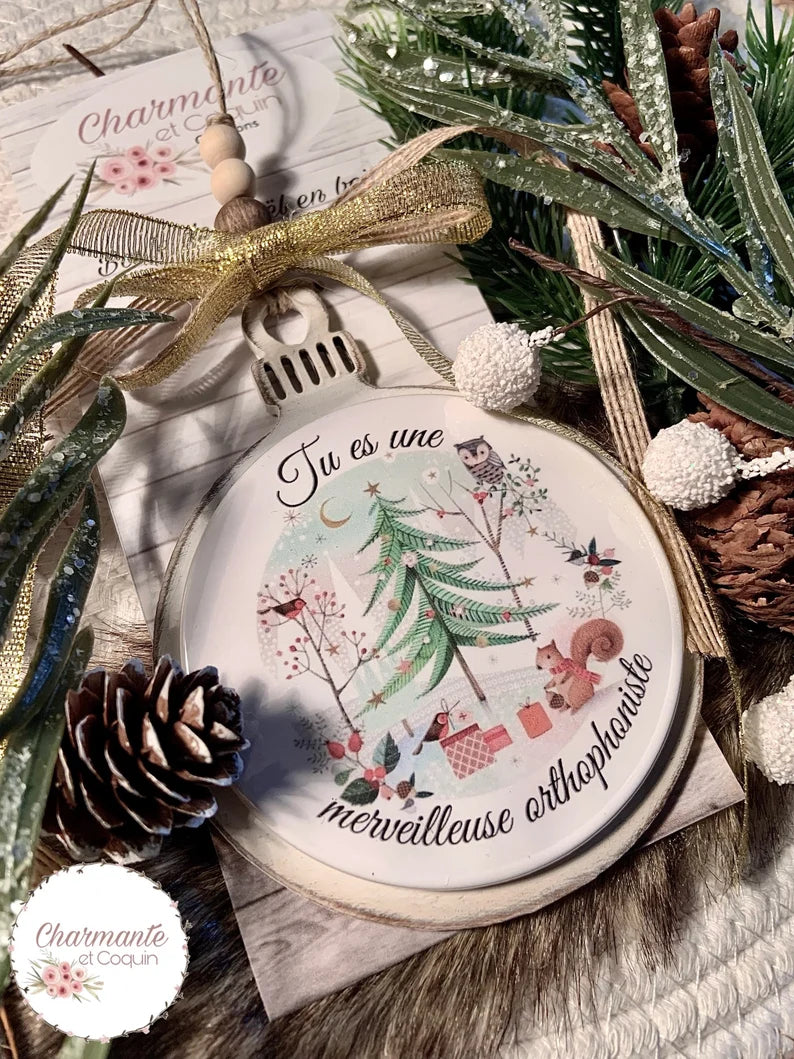 Boule de Noël en bois personnalisé de style rustique chic, cadeau pour orthophoniste.