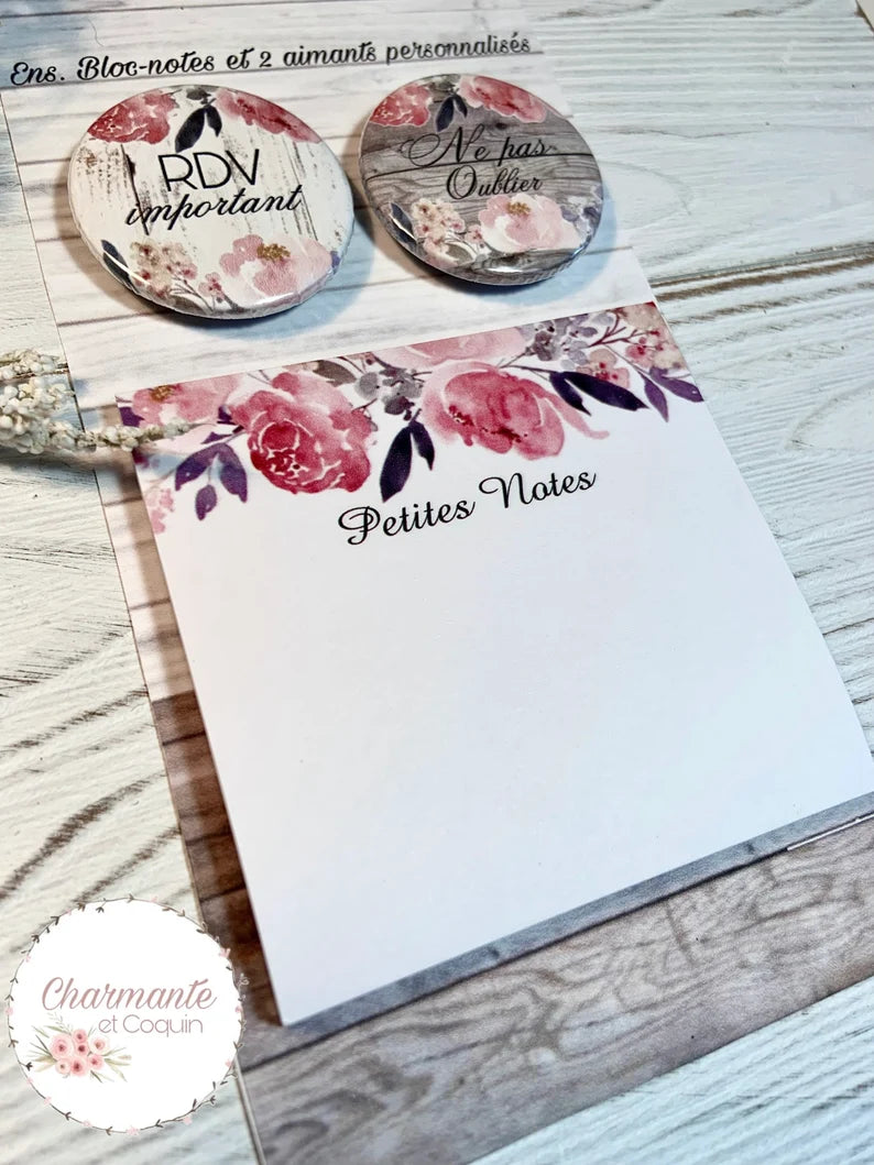 Ensemble bloc notes avec feuilles autocollantes (style post it) avec deux aimants personnalisés