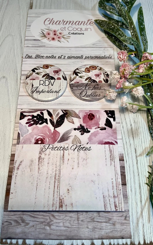 Ens bloc notes avec feuilles autocollantes ( style post it) avec deux aimants personnalisés