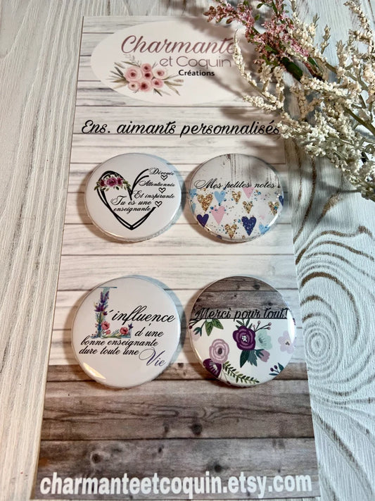 Ensemble 4 aimants personnalisés cadeaux enseignantes, remerciement professeur