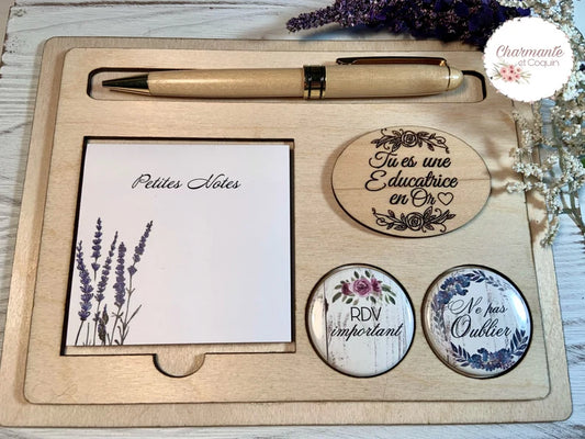 Ensemble porte crayon, bloc notes avec feuilles autocollantes et deux aimants.Petit organisateur de bureau.Cadeau pour éducatrice