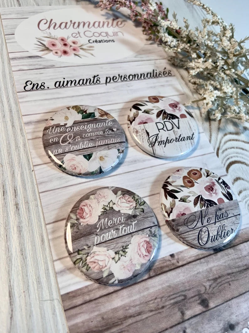 Ensemble de 4 aimants personnalisés, cadeau pour enseignante, cadeau remerciement professeur