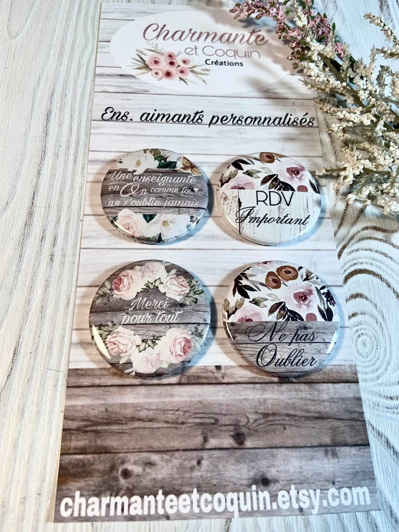 Ensemble de 4 aimants personnalisés, cadeau pour enseignante, cadeau remerciement professeur
