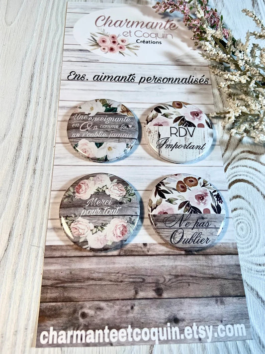 Ensemble de 4 aimants personnalisés, cadeau pour enseignante, cadeau remerciement professeur