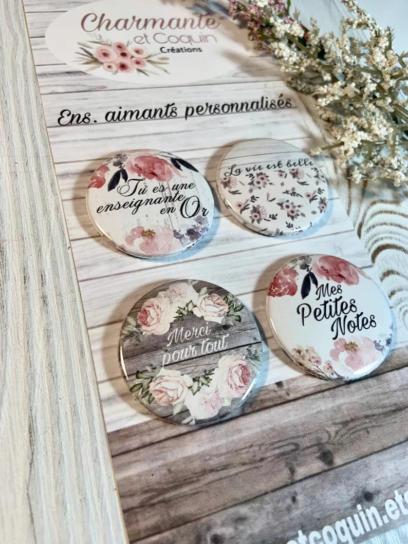 Ensemble de 4 aimants personnalisés, cadeau pour enseignante, cadeau remerciement professeur