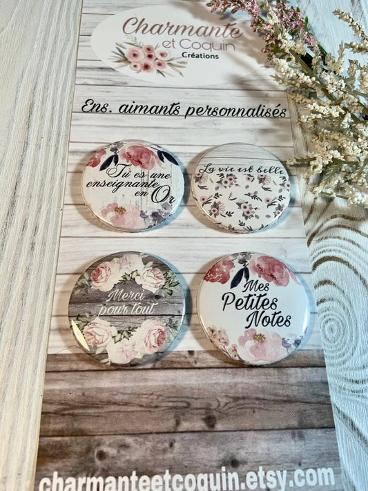 Ensemble de 4 aimants personnalisés, cadeau pour enseignante, cadeau remerciement professeur