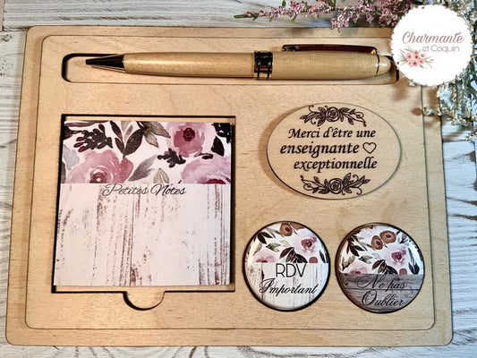 Ensemble porte crayon,bloc notes autocollants et deux aimants personnalisés .Cadeau pour enseignante, cadeau remerciement professeur.