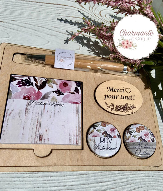 Ensemble porte crayon, bloc notes avec feuilles autocollantes et deux aimants.Petit organisateur de bureau.Cadeau pour remerciement