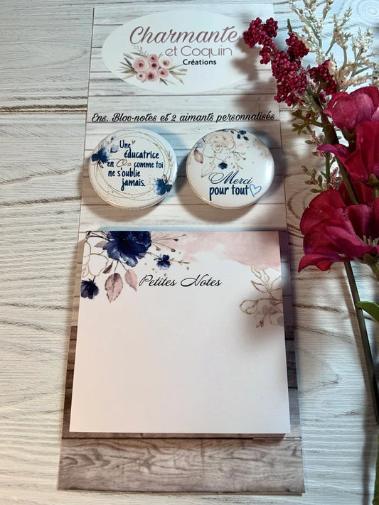 Ensemble bloc notes avec feuilles autocollantes (style post it) avec deux aimants personnalisés, cadeau pour éducatrice