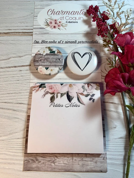 Ensemble bloc notes avec feuilles autocollantes (style post it) avec deux aimants personnalisés, cadeau pour enseignante