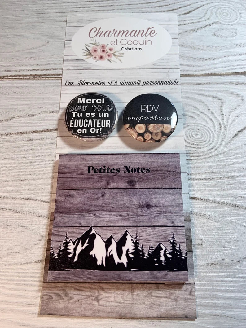 Ensemble bloc notes avec feuilles autocollantes (style post it) avec deux aimants personnalisés, cadeau pour éducateur