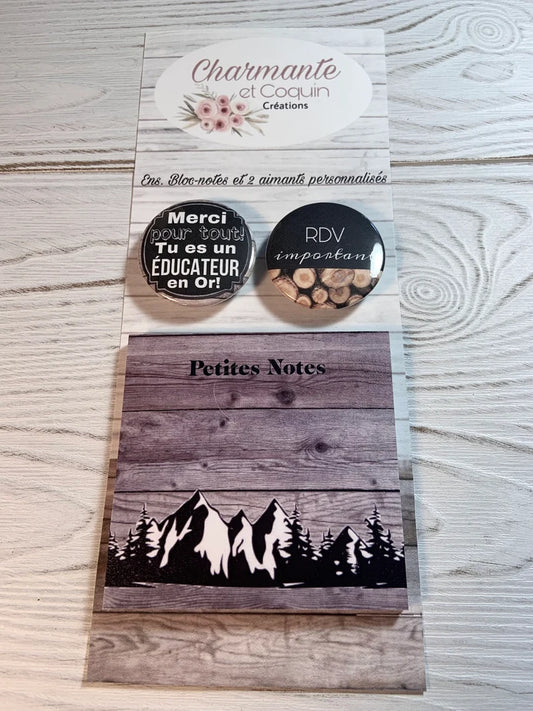 Ensemble bloc notes avec feuilles autocollantes (style post it) avec deux aimants personnalisés, cadeau pour éducateur