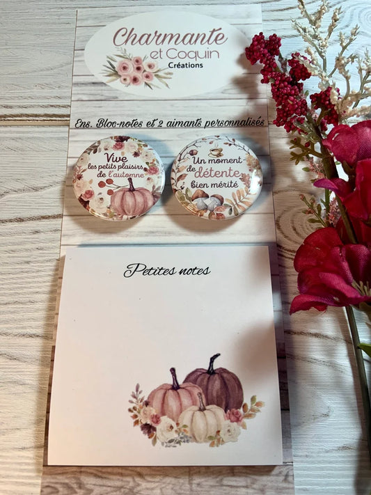 Ensemble bloc notes avec feuilles autocollantes (style post it) avec deux aimants personnalisés thème saison d’Automne.
