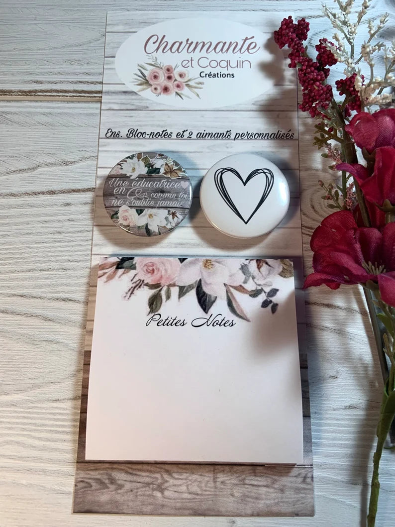 Ensemble bloc notes avec feuilles autocollantes (style post it) avec deux aimants personnalisés, cadeau pour éducatrice