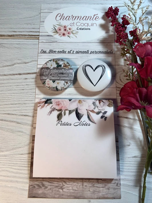 Ensemble bloc notes avec feuilles autocollantes (style post it) avec deux aimants personnalisés, cadeau pour éducatrice