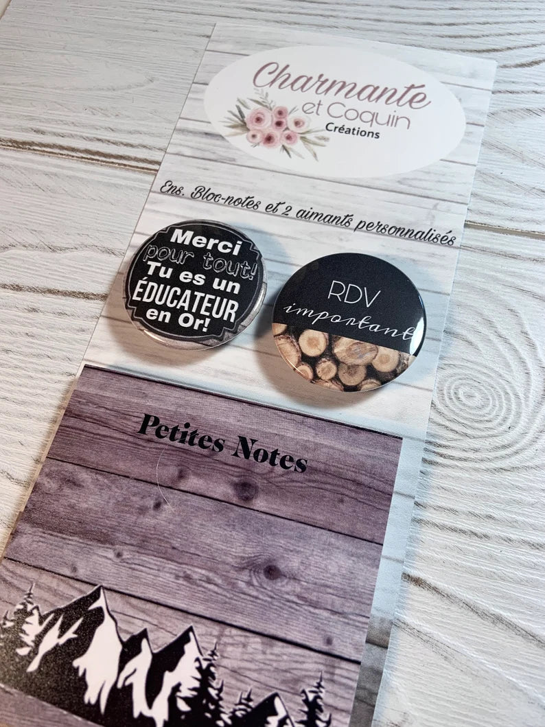 Ensemble bloc notes avec feuilles autocollantes (style post it) avec deux aimants personnalisés, cadeau pour éducateur