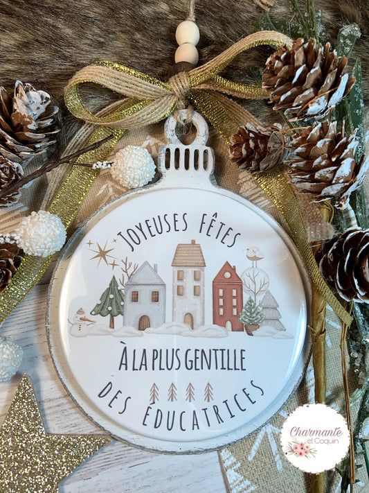 Boule de Noël en bois personnalisée de style rustique chic, cadeau pour éducatrice