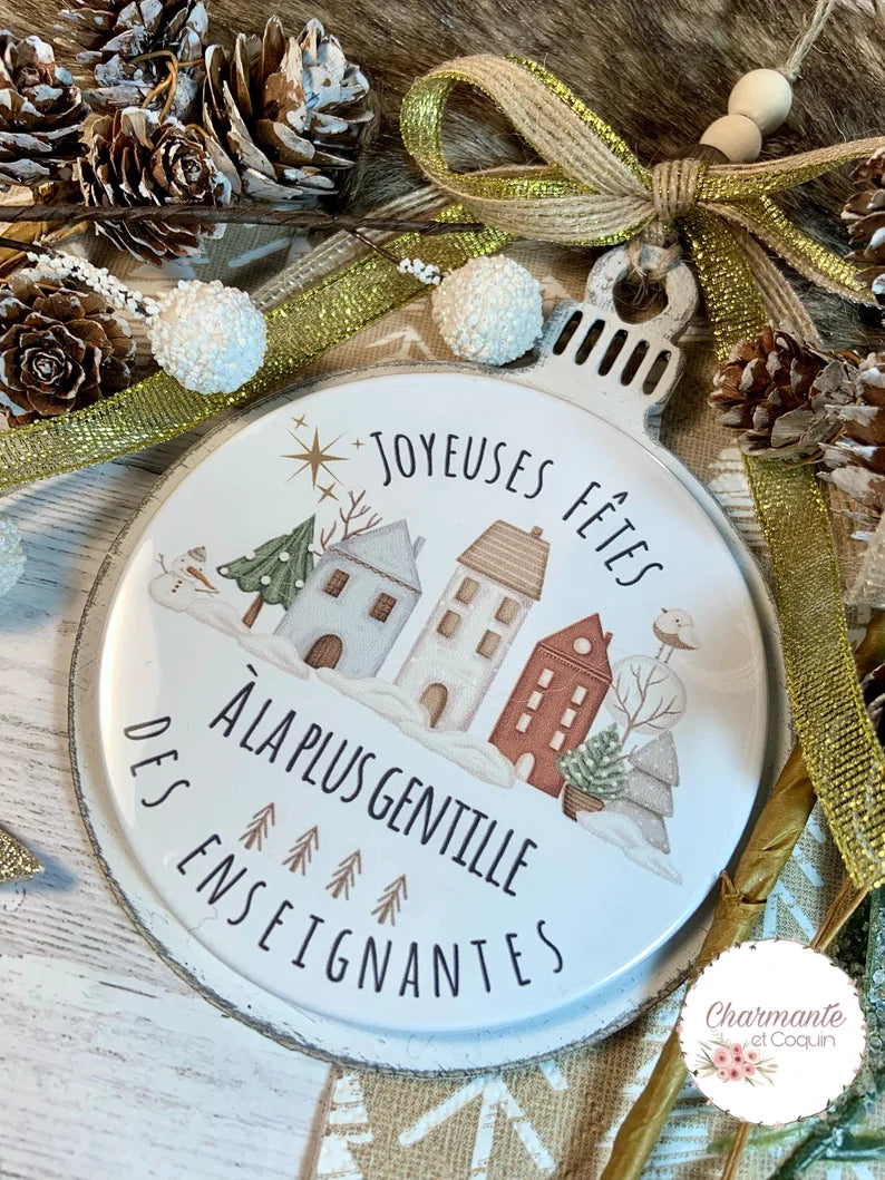 Boule de Noël en bois personnalisée de style rustique chic, cadeau pour enseignante