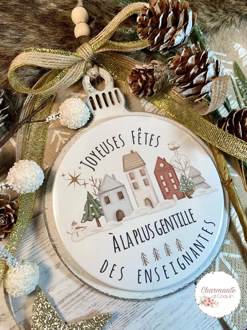 Boule de Noël en bois personnalisée de style rustique chic, cadeau pour enseignante