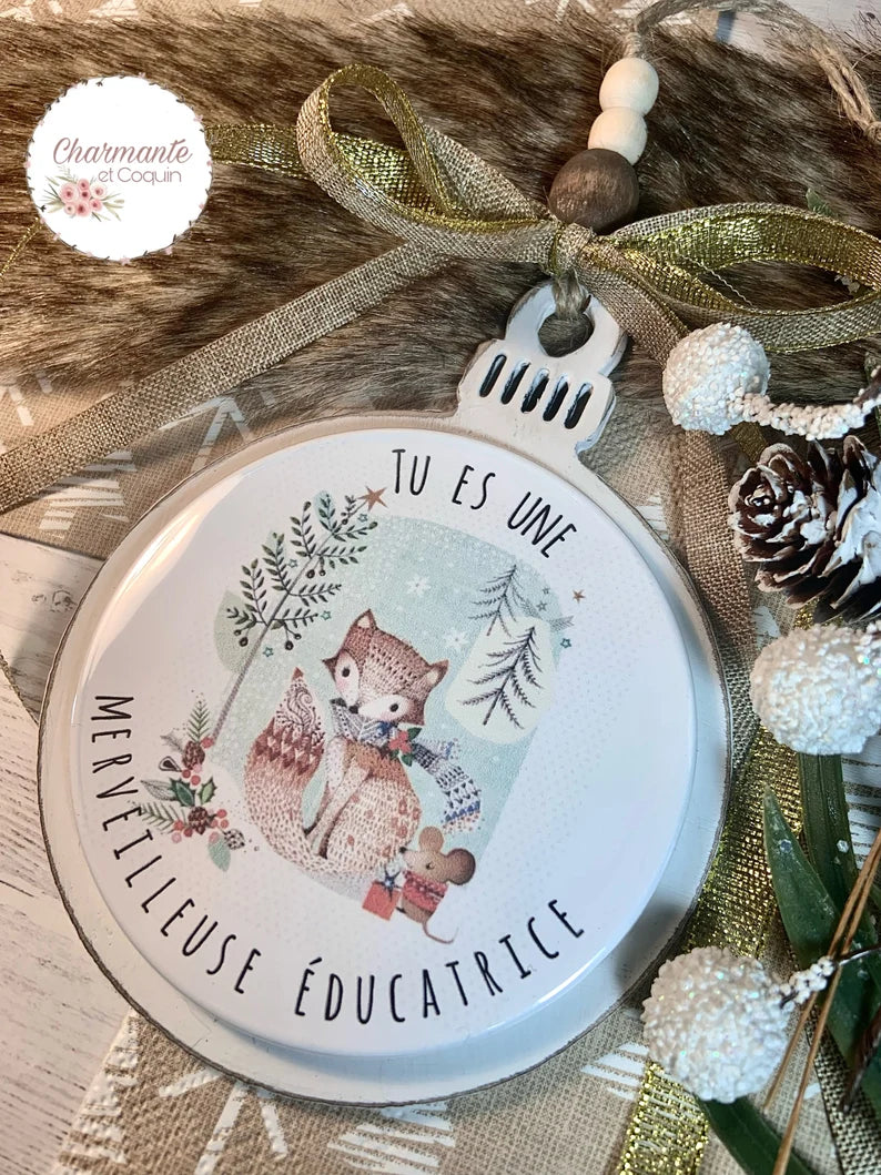 Boule de Noël en bois personnalisée de style rustique chic, cadeau pour éducatrice