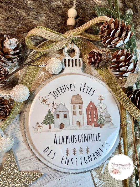 Boule de Noël en bois personnalisée de style rustique chic, cadeau pour enseignante