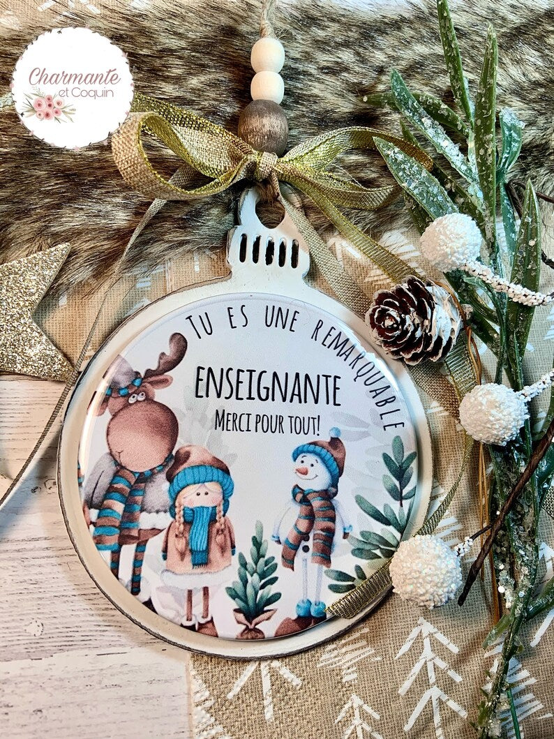 Boule de Noël en bois personnalisée de style rustique chic, cadeau pour enseignante
