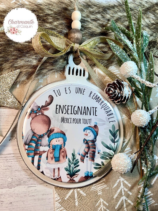 Boule de Noël en bois personnalisée de style rustique chic, cadeau pour enseignante