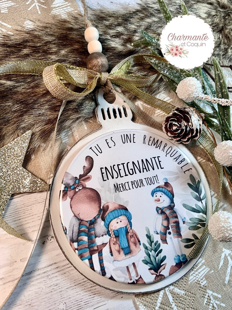 Boule de Noël en bois personnalisée de style rustique chic, cadeau pour enseignante