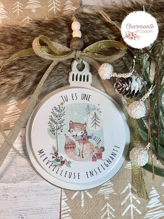 Boule de Noël en bois personnalisée de style rustique chic, cadeau pour enseignante
