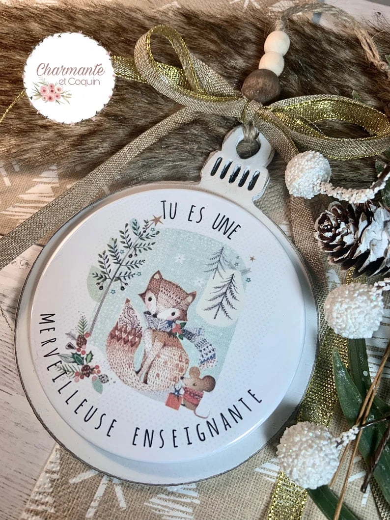 Boule de Noël en bois personnalisée de style rustique chic, cadeau pour enseignante