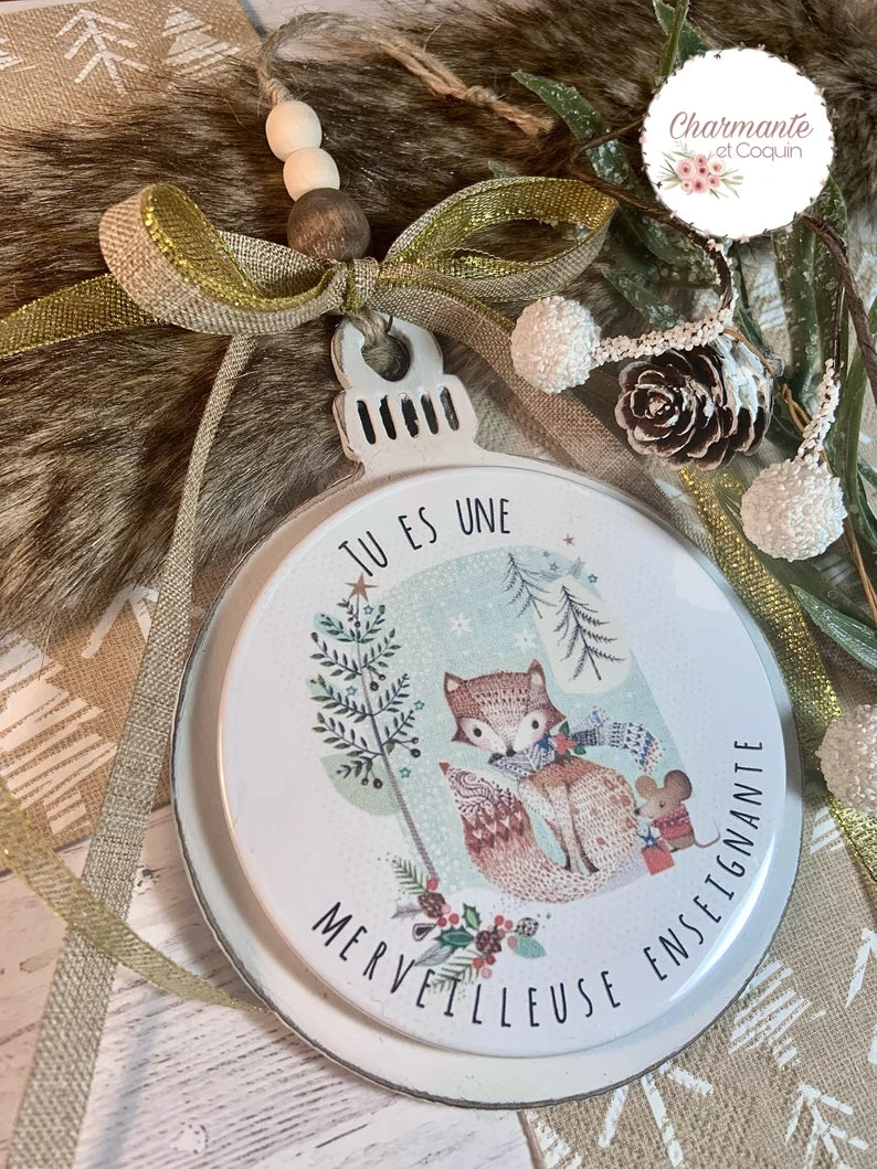 Boule de Noël en bois personnalisée de style rustique chic, cadeau pour enseignante