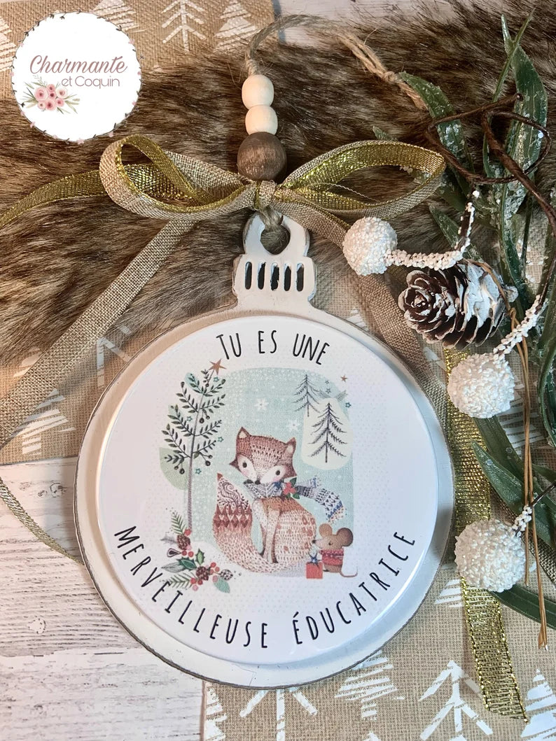 Boule de Noël en bois personnalisée de style rustique chic, cadeau pour éducatrice