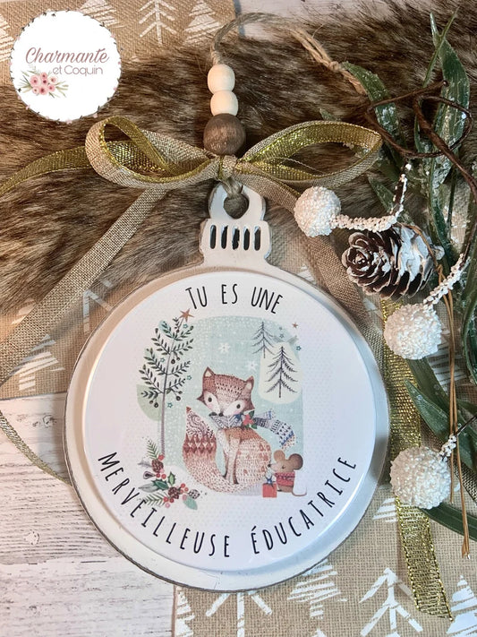 Boule de Noël en bois personnalisée de style rustique chic, cadeau pour éducatrice
