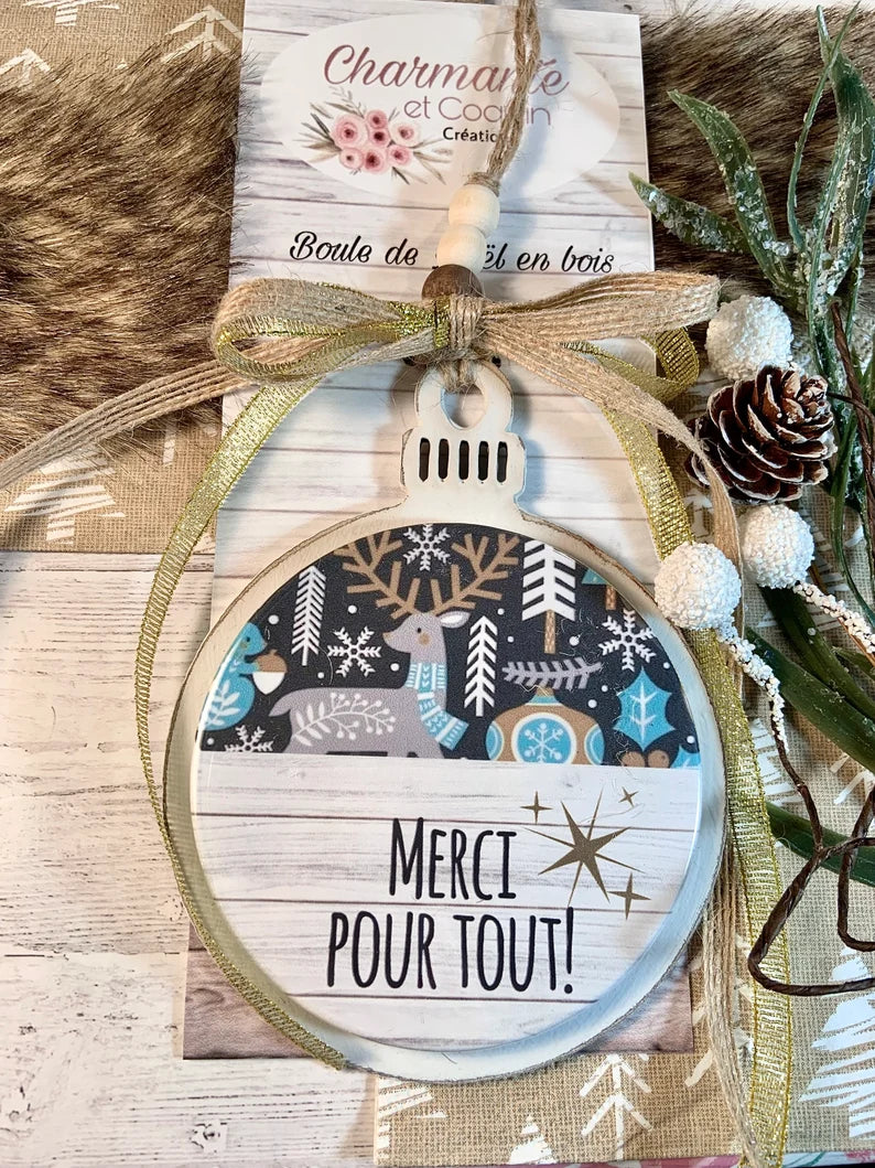 Boule de Noël en bois personnalisée de style rustique chic, cadeau de remerciement