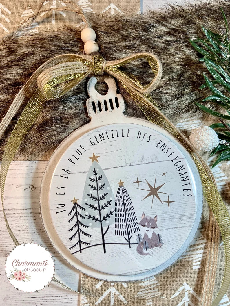 Boule de Noël en bois personnalisée de style rustique chic, cadeau pour enseignante