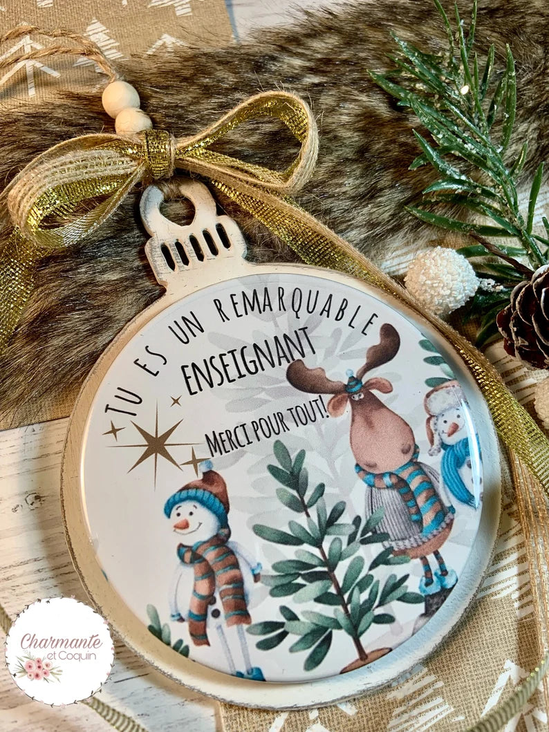 Boule de Noël en bois personnalisée de style rustique chic, cadeau pour enseignant