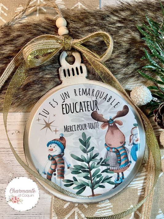 Boule de Noël en bois personnalisée de style rustique chic, cadeau pour éducateur
