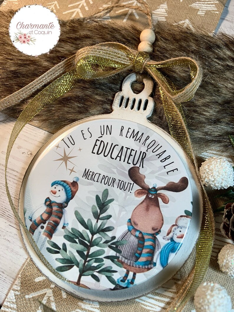 Boule de Noël en bois personnalisée de style rustique chic, cadeau pour éducateur