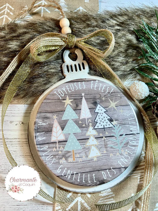 Boule de Noël en bois personnalisée de style rustique chic, cadeau pour enseignante