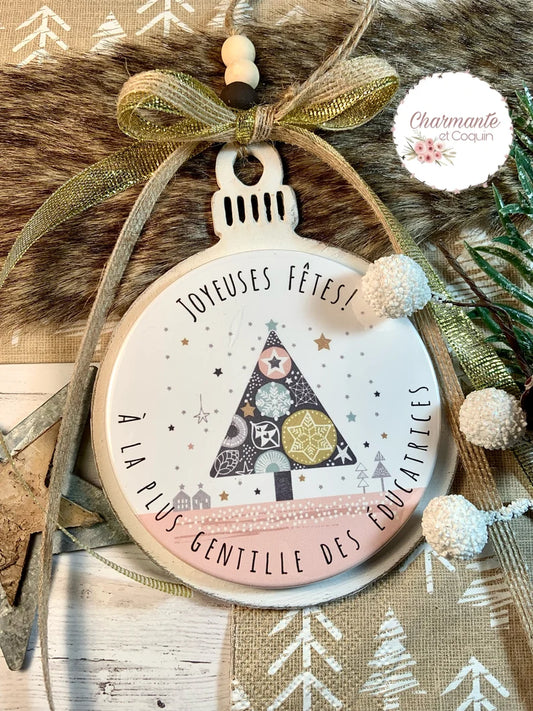 Boule de Noël en bois personnalisée de style rustique chic, cadeau pour éducatrice
