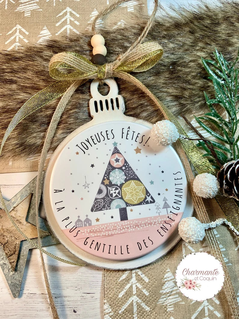 Boule de Noël en bois personnalisée de style rustique chic, cadeau pour enseignante