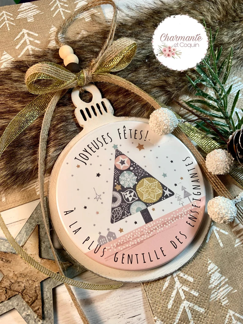 Boule de Noël en bois personnalisée de style rustique chic, cadeau pour enseignante