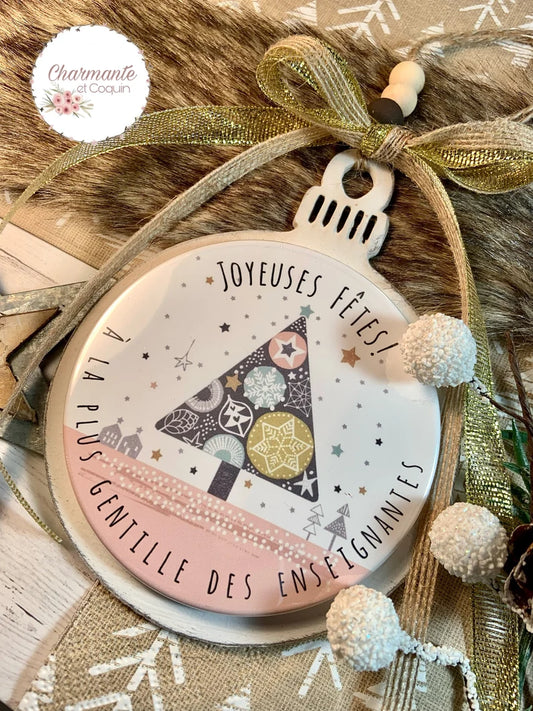Boule de Noël en bois personnalisée de style rustique chic, cadeau pour enseignante