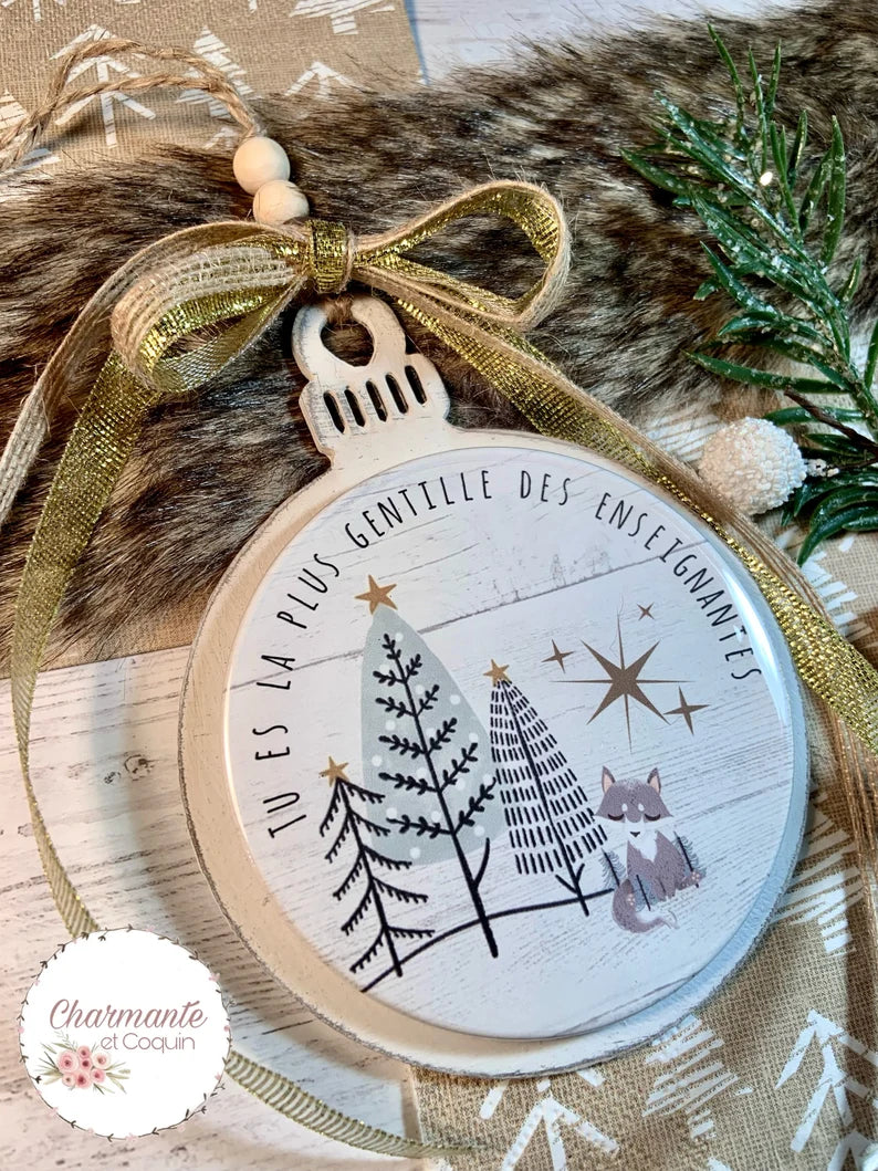 Boule de Noël en bois personnalisée de style rustique chic, cadeau pour enseignante
