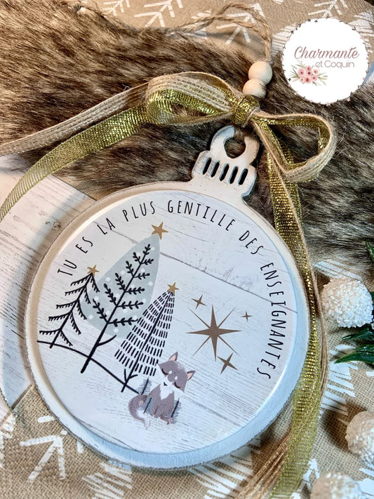 Boule de Noël en bois personnalisée de style rustique chic, cadeau pour enseignante